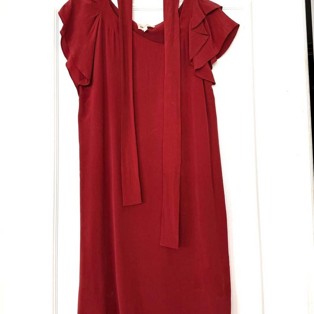 Vanessa Bruno Crimson Ruffle-Sleeve Midi Dress with Tie Neck